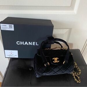 New Chanel Made in Italy GWP Black Quilted Velvet Bowling Crossbody Bag